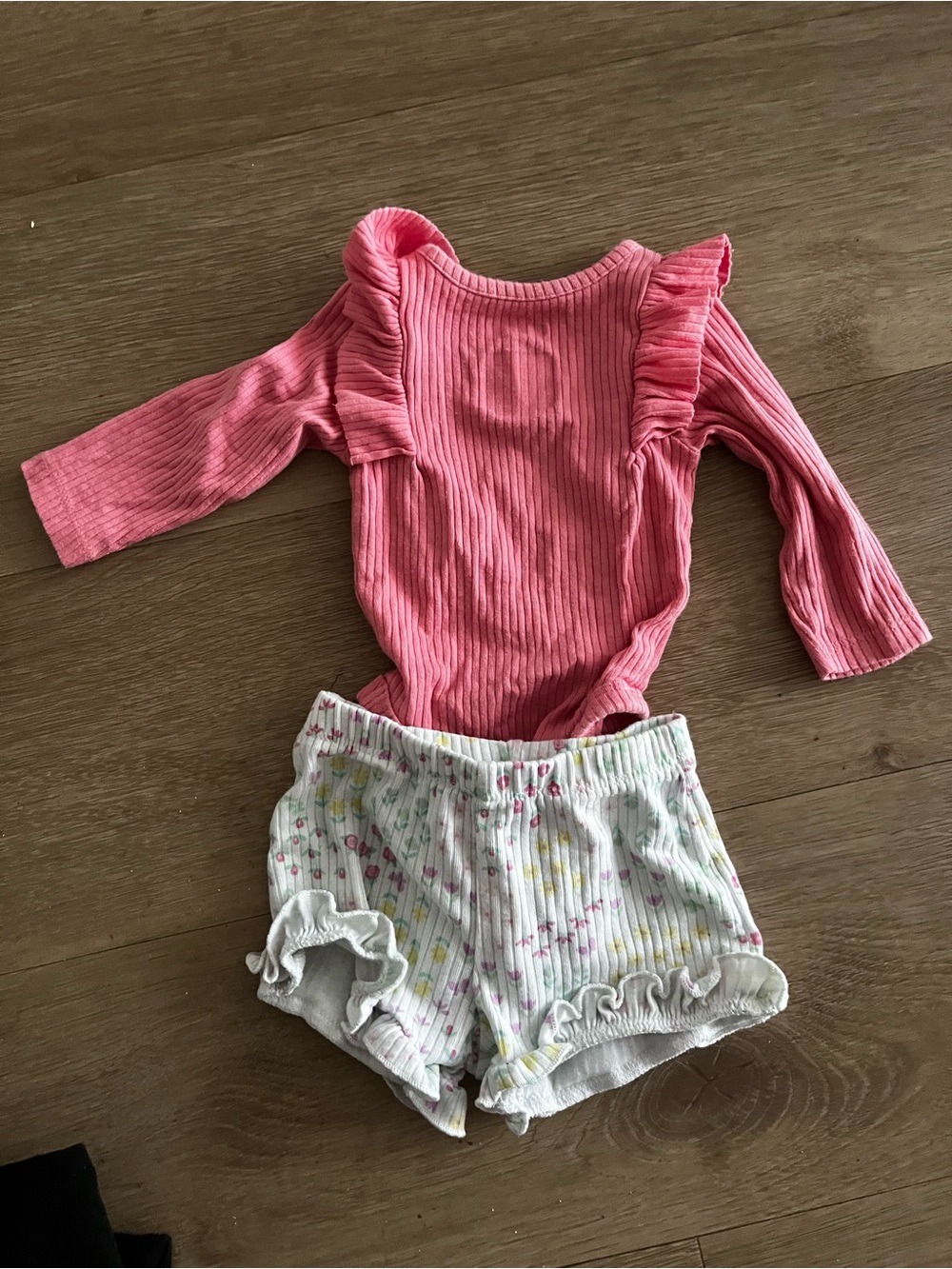 Ribbed Ruffle Pink Baby Bodysuit with Floral Ruffle Shorts